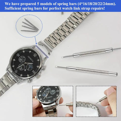 Heavy Duty Watch Band Pins Kit With 20 Spring Bars And Cleaning Cloth Pro Grade Replacement Pins And Link Removal Tool Includes Single And Double Ended Pin Punches For 16mm To 24mm Straps displayed with watch and tools