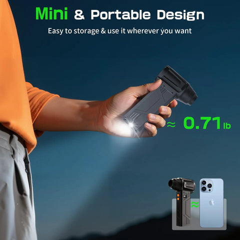 Person holding Electric Air Duster With Flashlight And Display, 180000 RPM High Speed Blower, shown next to smartphone