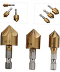 Three HSS flute chamfering cutters with self-centering bifurcated tips; gold heads, silver shanks; sizes 12,16,19.