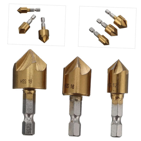 Three HSS flute chamfering cutters with self-centering bifurcated tips; gold heads, silver shanks; sizes 12,16,19.