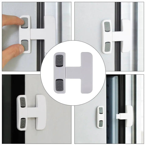 Fridge And Cabinet Safety Lock Set With Protective Plastic Covers, Quick Peel And Stick No Drill Install shown in use on appliances.