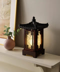 Handmade Korean Wood Lamp With Pagoda Design on table, cozy table lantern for bedroom, warm ambient light, Asian oriental decor