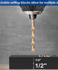 Stackable drill bit over 15 Piece Woodworking Setup Blocks Set With 4 Inch Aluminum Height Gauge For Routers And Table Saws For DIYers And Pros Pro Grade Height And Angle Tool With Laser Engraved Size Markings Black Finish