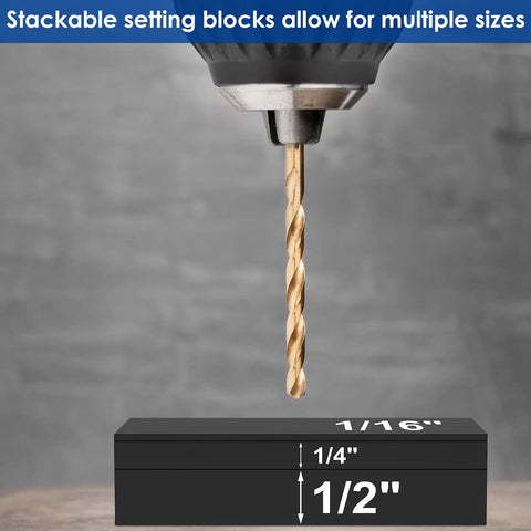 Stackable drill bit over 15 Piece Woodworking Setup Blocks Set With 4 Inch Aluminum Height Gauge For Routers And Table Saws For DIYers And Pros Pro Grade Height And Angle Tool With Laser Engraved Size Markings Black Finish