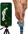 Hands Free Golf Swing Recorder That Instantly Captures Every Swing From Your Grip And Is a Game Changer Letting You See Flaws And Fix Your Swing Fast Without a Coach Bluetooth Remote Compatible With Any Golf Club on golf club grip with smartphone displaying recording feedback.