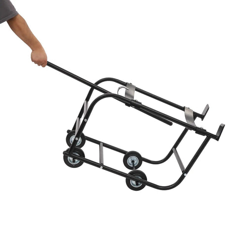 Heavy Duty Steel Drum Cradle Cart With Smooth Rolling Casters And Retractable Dump Bar For 600 Lb 55 Gallon Drums in use.