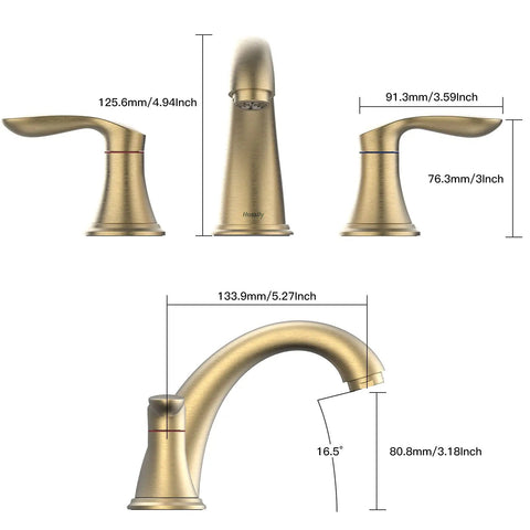 Dimensions of Dual-Handle Widespread Bathroom Sink Faucet in Brushed Gold Finish with 3-Hole Design, Includes Pop-Up Drain and Lead-Free Hoses.