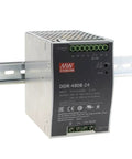 Industrial Grade 480W 24V DC-DC Converter With Wide 16.8 To 33.6V Input, mounted on DIN rail, side view, railway certified.