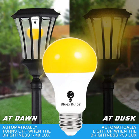 2 Pack LED Dusk To Dawn A19 Bug Light Bulbs With Automatic Sensor Yellow Amber Light in outdoor lamp at dawn and dusk