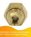 Front view of a 1/4 Inch Female NPT Union Brass Pipe Fitting Straight Connector made of CA360 Brass with Dryseal Threads