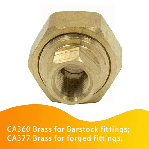 Front view of a 1/4 Inch Female NPT Union Brass Pipe Fitting Straight Connector made of CA360 Brass with Dryseal Threads