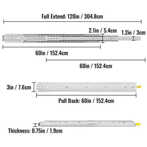 Heavy Duty Drawer Slides 18 To 60 Inch Adjustable Full Extension With 3 Fold Guide Rail And Ball Bearing 76mm Wide Industrial Grade