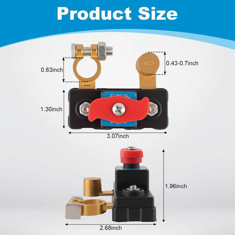 Two Pack 12V 24V Battery Disconnect Switch With Pure Copper Contacts, 360 Degree Rotary Cut Off, dimensions illustration