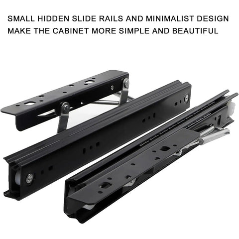 Beefed Up Heavy Duty Side Mount Drawer Slides With Full Extension And Ball Bearing Glide For Smooth Quiet Soft Close Operation 25cm And 9.9in Length Handles Up To 100lbs Per Pair Rust Resistant Steel, showing black steel slide rails with minimalist design.