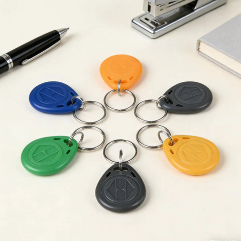 Multi-colored Plug And Play Writable 125KHz RFID Fob Tags With T5577 Chip For Reusable Access Control Cards arranged in a circle