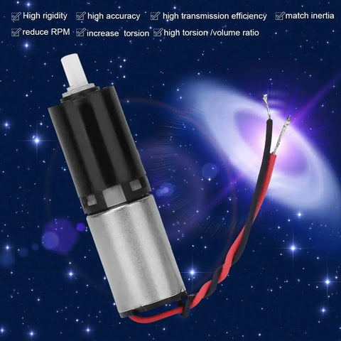 6mm Tiny But Mighty Micro Planetary Gear Motor 3V DC with wires in a space-themed background, emphasizing high torque and efficiency.