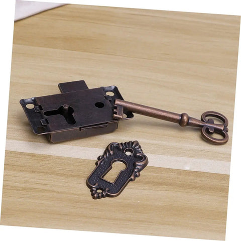 Retro Vintage Wooden Jewelry Box Latches Set 4 Alloy Draw Latch Locks with Screws for Furniture Cabinets Boxes Chests DIY Projects and Home Decor Hardware - Antique lock and key with ornate keyhole on wood.