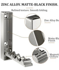 Top Shelf Fold Down Wall Hooks For Heavy Jackets And Keys Set Of Four Brushed Silver Zinc Alloy Rectangular Rack For Entryway Mudroom Slim Space Saver No Sweat Setup close-up of zinc alloy body and matte-black finish design.