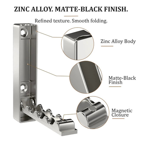 Top Shelf Fold Down Wall Hooks For Heavy Jackets And Keys Set Of Four Brushed Silver Zinc Alloy Rectangular Rack For Entryway Mudroom Slim Space Saver No Sweat Setup close-up of zinc alloy body and matte-black finish design.