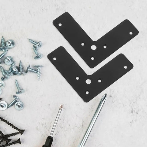 Black Stainless Steel L Shape Corner Brackets Pack Of Ten Heavy Duty Flat Angle Braces with screws on a white background.