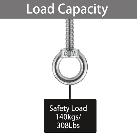 Heavy Duty Stainless Steel Eye Bolts 4 Pack With Nuts And Washers M8 By 76mm For Boat Hanging Swing Tie Downs And Outdoor Lifting Marine Grade 304 Stainless Each Rated About 308 Lbs Safe Load Rugged Marine Hardware, safety load 308 lbs