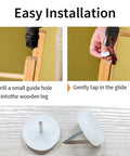 Top Shelf White Nylon Chair Leg Glides 24 Pack With Solid Metal Nails 1 Inch shown in easy installation steps with installation tools.