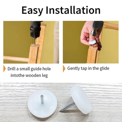 Top Shelf White Nylon Chair Leg Glides 24 Pack With Solid Metal Nails 1 Inch shown in easy installation steps with installation tools.