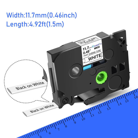 Top Shelf Hse 231 Heat Shrink Tube Label Tape For Brother Ptouch D210 D400 E300 E500 showing dimensions 11.7mm width and 4.92ft length.