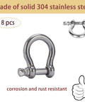 8 Piece Stainless Steel Screw Pin Anchor Shackle Set 3 16th Inch D Ring Clevis Shackle M5 Bow Shackle Heavy Duty For Chains Wire Rope Paracord Outdoor Camping Marine Grade 304 Up To 160 Kg image, showing corrosion and rust-resistant solid 304 stainless steel shackle with thumb approval