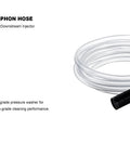 Coiled clear siphon hose with black threaded connector for downstream injector used with pressure washers
