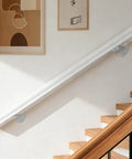 Solid Pine Wood Wall Mount Grab Bar, Tough As Nails Non Slip Staircase Handrail, Heavy Duty Safety Rail For Elderly And Families, Smooth Finish Indoor Outdoor Guardrail With Secure Brackets, 3 Ft Length For Home And Backyard, mounted on wall by wooden stairs.