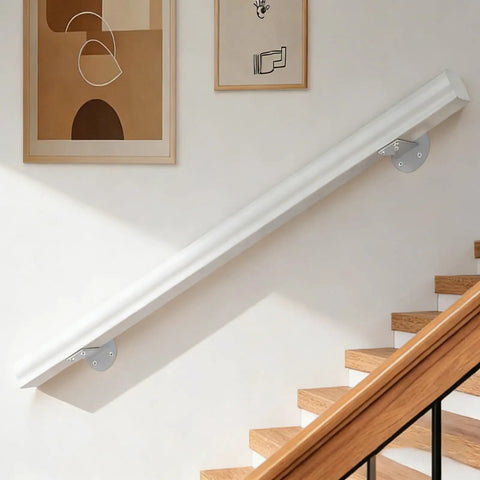 Solid Pine Wood Wall Mount Grab Bar, Tough As Nails Non Slip Staircase Handrail, Heavy Duty Safety Rail For Elderly And Families, Smooth Finish Indoor Outdoor Guardrail With Secure Brackets, 3 Ft Length For Home And Backyard, mounted on wall by wooden stairs.