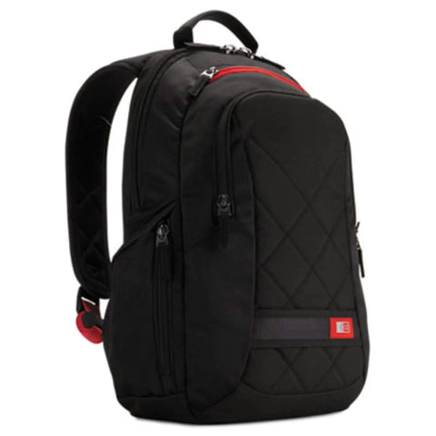 Spacious 14 Inch Laptop Backpack With Snug Padded Sleeve And Secret Zippered Pocket Engineered For Busy Commuters Grabbing Their Tech On The Go During Workdays Or Weekend Outings In Black, side view with red accents.