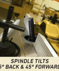 Rock Solid Tilting Sliding Spindle Shaper With Dual Digital Readout And Precision Micrometer Fence, 7.5HP showing spindle tilt adjustments.