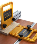 Extended 160mm Double Feather Boards deliver rock solid grip for table saw, shown clamped on wood with tough plastic construction.