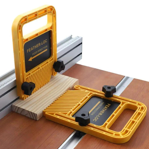 Extended 160mm Double Feather Boards deliver rock solid grip for table saw, shown clamped on wood with tough plastic construction.
