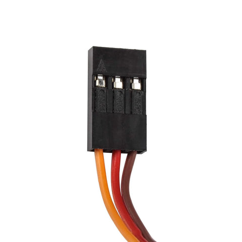 SG90 micro servo motor plug with three wires (orange, red, brown) front view