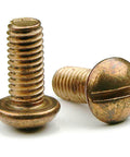 Close-up of slotted round head machine screws 10-24 x 2, silicon bronze fasteners, corrosion resistant copper alloy screws for marine applications
