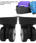 A88 Multi Hole Wheel Replacement Set for Small Black Trolley Suitcases, PP and PET caster wheels with luggage in background