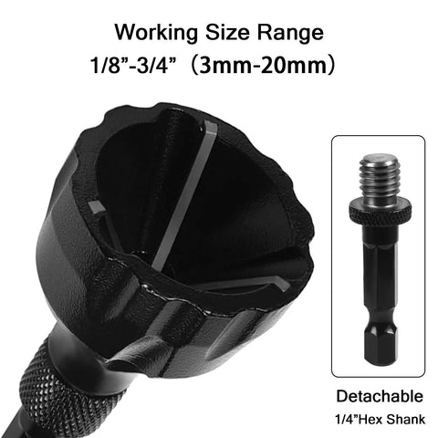 Heavy Duty External Chamfer Deburring Tool With Three Razor Sharp Tungsten Carbide Blades and Quick Change Hex Shank showing size range 1/8"-3/4".