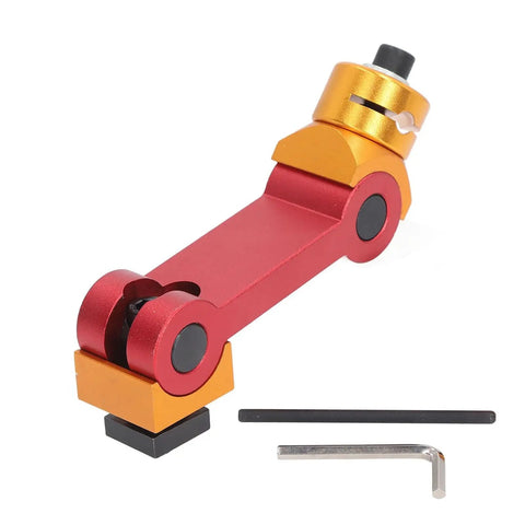 Heavy Duty Cnc Mill Positioner Featuring Adjustable T Slot Work Stop And Visual Locator For Dead Nuts Machining Precision And Boss Level Flex Rig, red and gold aluminum construction with adjustment tools.