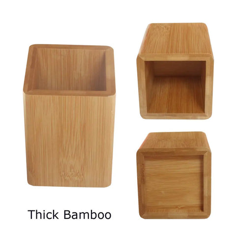Two Pack Bamboo Pen Holder And Card Stand Set For Home Office And School, showing natural bamboo texture and thick design