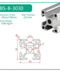 High Solid As Rock Heavy Duty Ultra Hella Smooth 30 X 30 Anodized Aluminum T Slot Extrusion Linear Rail detailed dimensions