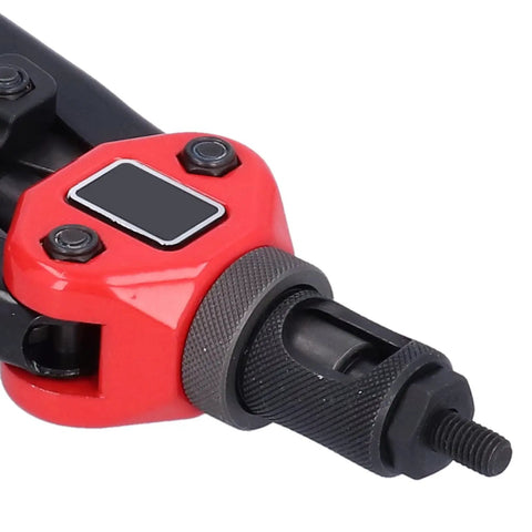 Close-up of Rivet Nut Gun Stainless Steel BT605 showing red handle and black attachment for professional and DIY use
