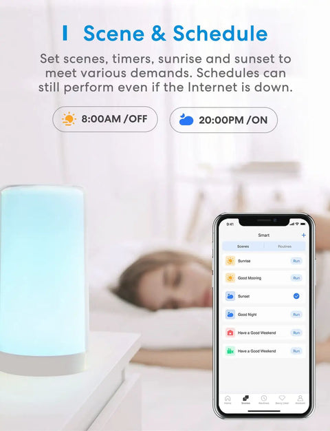 Smart Table Lamp With Touch Control, Tunable White And Multi Color Lighting, Works With Siri, Alexa, HomeKit And SmartThings on a bedside table with a smartphone app showing schedule settings, soft blue light illuminating.