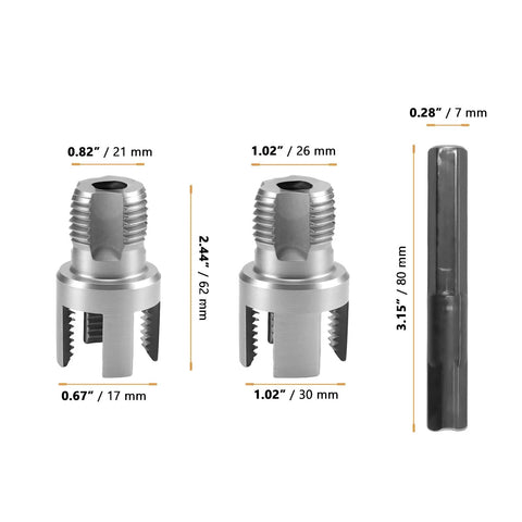 Top Rated 6 Piece Pipe Threading Tool Kit For Pvc cutter heads showing dimensions, compatible with electric drill, made of high carbon steel.