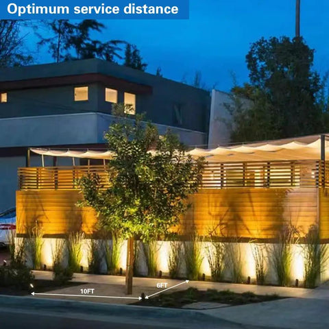 Modern house illuminated by 20W Led Outdoor Landscape Spotlight Kit With Stake Waterproof 12V To 24V AC DC Low Voltage Garden Lighting For Trees And Flags Ultra Warm 3000K 4 Pack at night