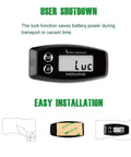 Vibration Hour Meter IP67 Waterproof With Adjustable Sensitivity Low Medium High For Gas And Diesel Equipment, Tracks Total Hours And Resettable Job Hours, Helps Plan Maintenance And Service Intervals. Front view with lock mode and adhesive mount