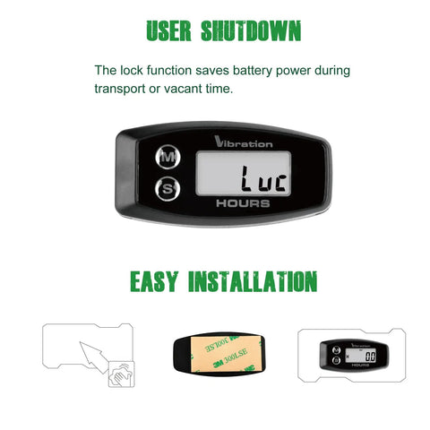 Vibration Hour Meter IP67 Waterproof With Adjustable Sensitivity Low Medium High For Gas And Diesel Equipment, Tracks Total Hours And Resettable Job Hours, Helps Plan Maintenance And Service Intervals. Front view with lock mode and adhesive mount