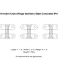 Diagram of Low Profile Flush Mount Cross Hinge for no fuss doors and folding tables, stainless steel pivot, hidden hardware.